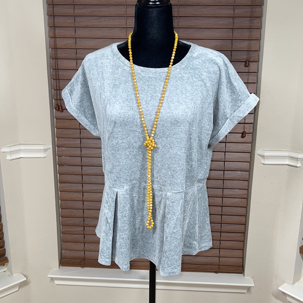 Gray Cuff Short Sleeves Peplum Top Blouse Pleated Shirt Round Neck Sweater Grey